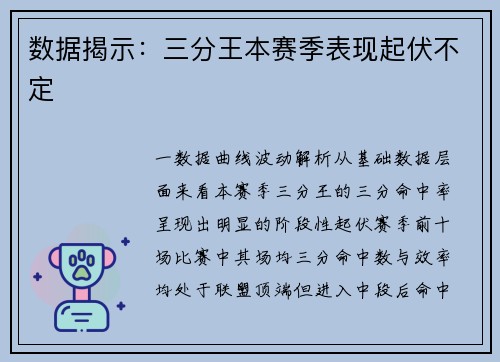 数据揭示：三分王本赛季表现起伏不定